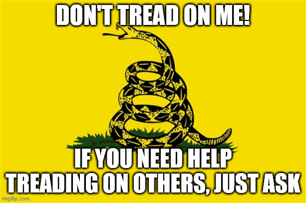 dont tread on me | DON'T TREAD ON ME! IF YOU NEED HELP TREADING ON OTHERS, JUST ASK | image tagged in dont tread on me | made w/ Imgflip meme maker