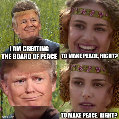 Anakin Padme 4 Panel | TO MAKE PEACE, RIGHT? I AM CREATING THE BOARD OF PEACE; TO MAKE PEACE, RIGHT? | image tagged in anakin padme 4 panel | made w/ Imgflip meme maker