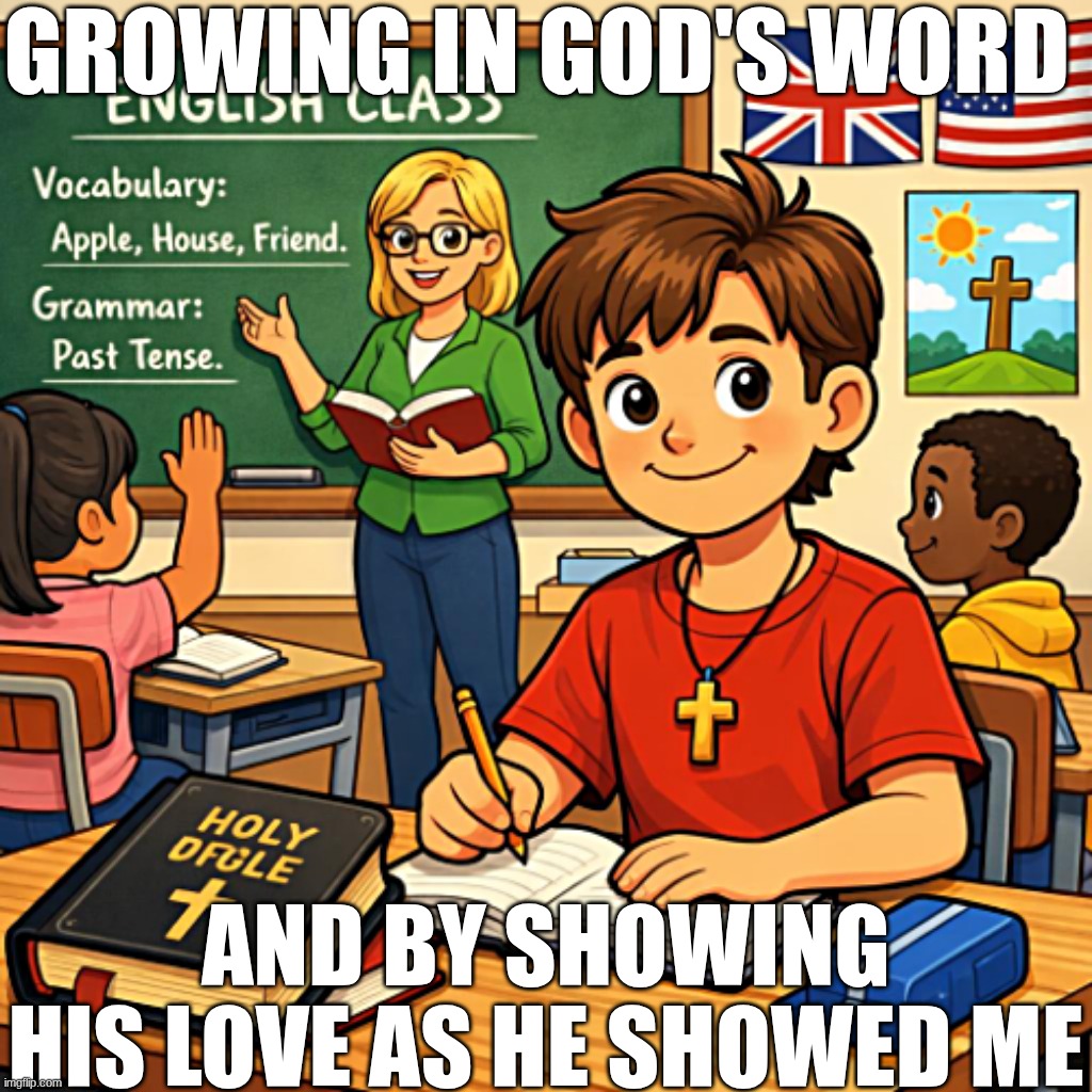 faith at all times | GROWING IN GOD'S WORD; AND BY SHOWING HIS LOVE AS HE SHOWED ME | image tagged in english class with a christian student | made w/ Imgflip meme maker
