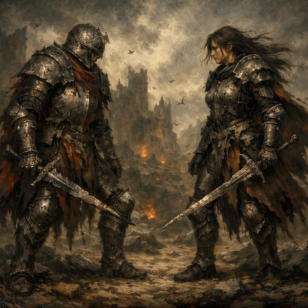 Two powerful warriors facing each other, each of them having bro Blank Meme Template