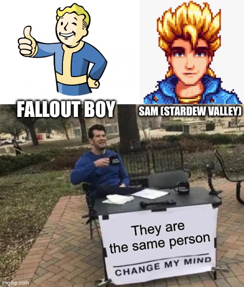 FALLOUT BOY; SAM (STARDEW VALLEY) | image tagged in fallout vault boy | made w/ Imgflip meme maker