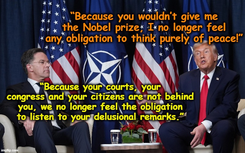 tRump in Davos | “Because you wouldn’t give me the Nobel prize, I no longer feel any obligation to think purely of peace!”; “Because your courts, your congress and your citizens are not behind you, we no longer feel the obligation to listen to your delusional remarks.” | image tagged in trump meme,donald trump memes,fascist,trump is a moron,maga,nevertrump meme | made w/ Imgflip meme maker