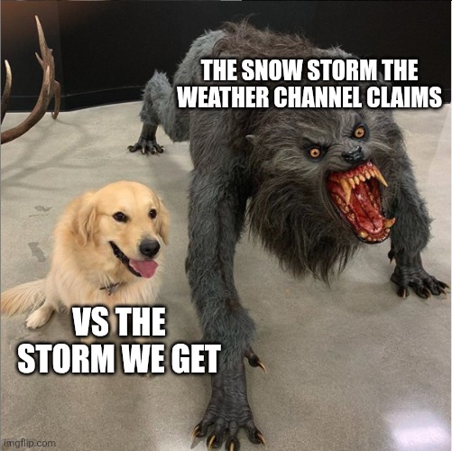 Weather accuracy | THE SNOW STORM THE WEATHER CHANNEL CLAIMS; VS THE STORM WE GET | image tagged in dog vs werewolf | made w/ Imgflip meme maker