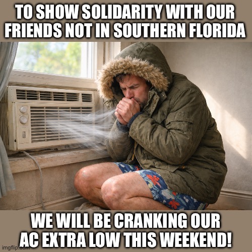 Be safe and prepared! | TO SHOW SOLIDARITY WITH OUR FRIENDS NOT IN SOUTHERN FLORIDA; WE WILL BE CRANKING OUR AC EXTRA LOW THIS WEEKEND! | image tagged in weather,snow | made w/ Imgflip meme maker