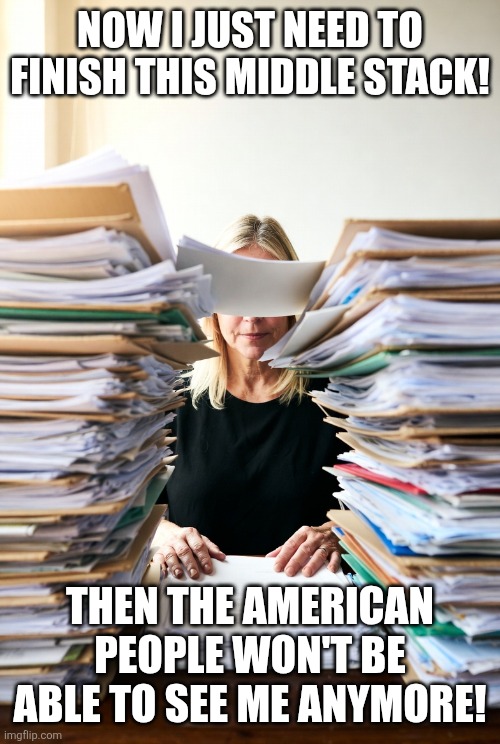Bondi Ditz | NOW I JUST NEED TO FINISH THIS MIDDLE STACK! THEN THE AMERICAN PEOPLE WON'T BE ABLE TO SEE ME ANYMORE! | image tagged in ditzy blonde,pam,stupid | made w/ Imgflip meme maker