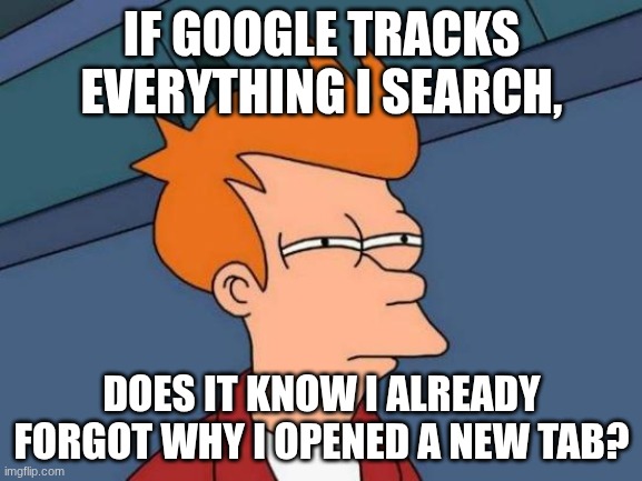No not my History!! | IF GOOGLE TRACKS EVERYTHING I SEARCH, DOES IT KNOW I ALREADY FORGOT WHY I OPENED A NEW TAB? | image tagged in memes,futurama fry | made w/ Imgflip meme maker