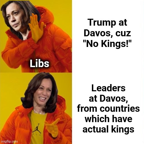 Mindless libs | Trump at
Davos, cuz
"No Kings!"; Libs; Leaders at Davos,
from countries
which have
actual kings | image tagged in kamala harris hotline bling,memes,democrats,no kings,idiots,trump derangement syndrome | made w/ Imgflip meme maker
