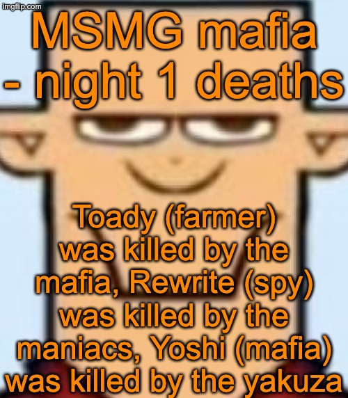 Moment of silence y'all | MSMG mafia - night 1 deaths; Toady (farmer) was killed by the mafia, Rewrite (spy) was killed by the maniacs, Yoshi (mafia) was killed by the yakuza | image tagged in sped tyler | made w/ Imgflip meme maker