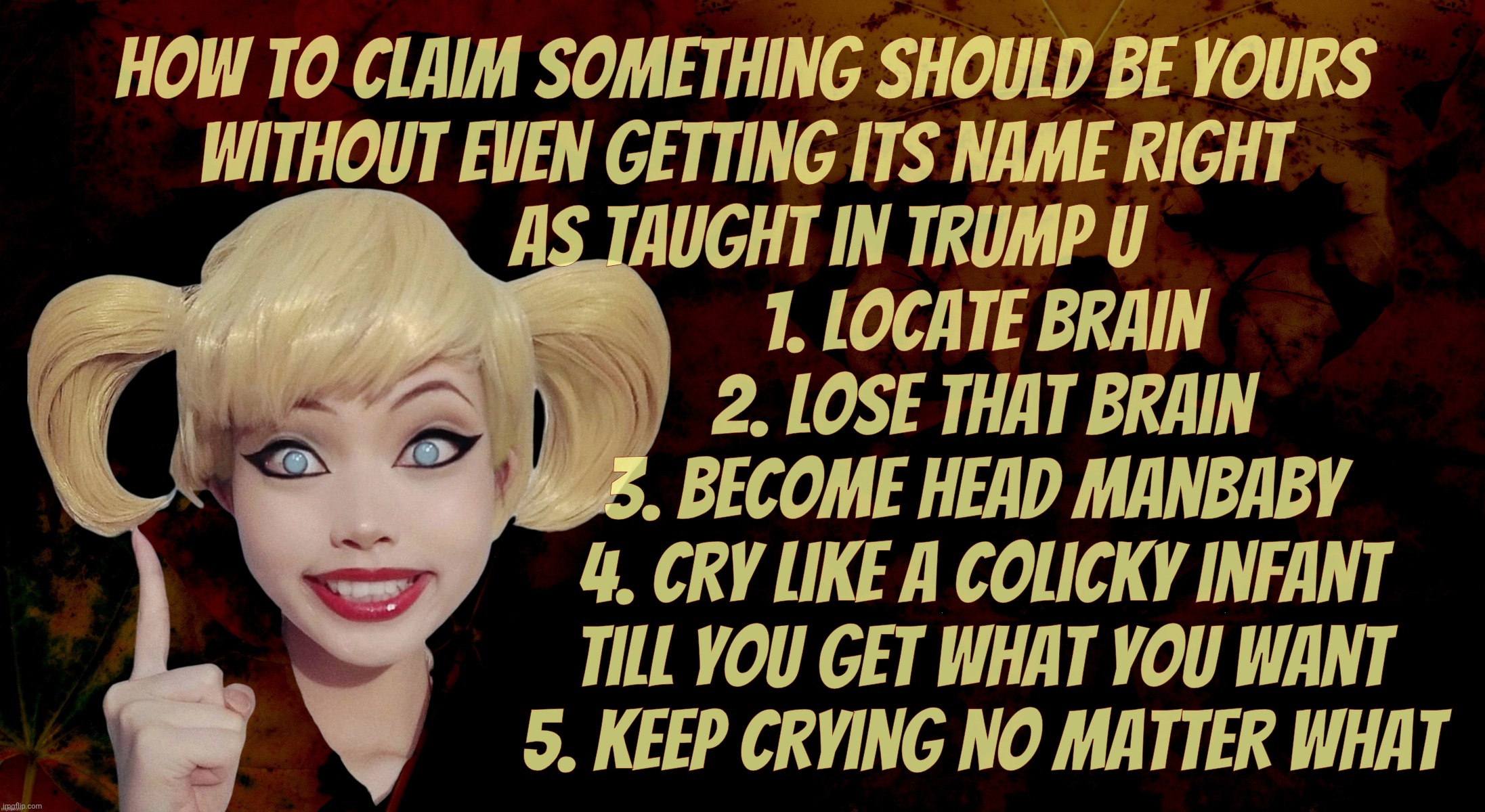 Iceland, Greenland, Ireland, England... What's the difference when it comes to the Trump brain? | How to claim something should be yours
without even getting its name right
          As taught in Trump U; 1. Locate brain
2. Lose that brain
3. Become head manbaby 
4. Cry like a colicky infant
till you get what you want
5. Keep crying no matter what | image tagged in harley quinn,trump,iceland and greenland,but aren't they the same,someone give him a box with ice cube to make him happy,jenius | made w/ Imgflip meme maker