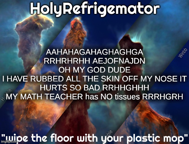 HolyRefrigemator temp | AAHAHAGAHAGHAGHGA RRHRHRHH AEJOFNAJDN
OH MY GOD DUDE
I HAVE RUBBED ALL THE SKIN OFF MY NOSE IT HURTS SO BAD RRHHGHHH
MY MATH TEACHER has NO tissues RRRHGRH | image tagged in holyrefrigemator temp | made w/ Imgflip meme maker