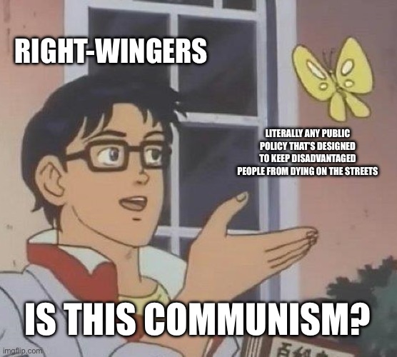 Is This A Pigeon Meme | RIGHT-WINGERS; LITERALLY ANY PUBLIC POLICY THAT’S DESIGNED TO KEEP DISADVANTAGED PEOPLE FROM DYING ON THE STREETS; IS THIS COMMUNISM? | image tagged in memes,is this a pigeon,republicans,maga | made w/ Imgflip meme maker