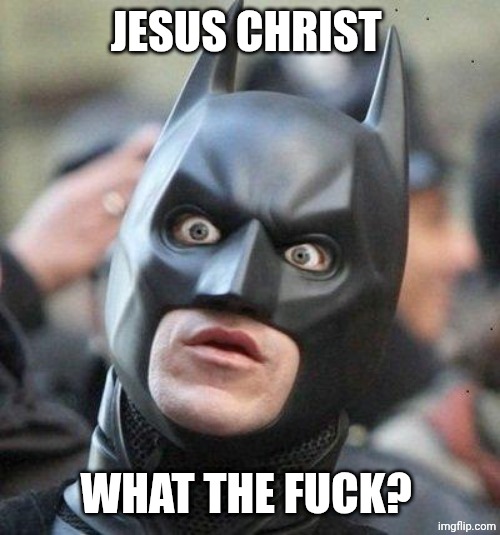 JESUS CHRIST WHAT THE FUCK? | image tagged in shocked batman | made w/ Imgflip meme maker