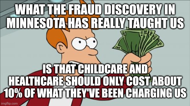 Shut Up And Take My Money Fry | WHAT THE FRAUD DISCOVERY IN MINNESOTA HAS REALLY TAUGHT US; IS THAT CHILDCARE AND HEALTHCARE SHOULD ONLY COST ABOUT 10% OF WHAT THEY'VE BEEN CHARGING US | image tagged in memes,shut up and take my money fry | made w/ Imgflip meme maker