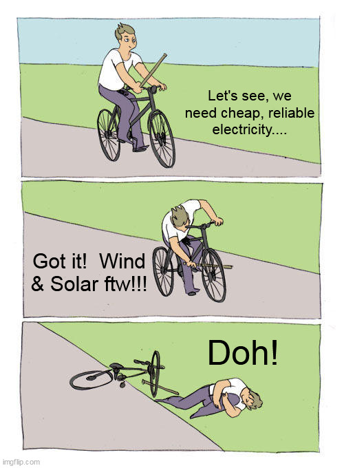Bike Fall | Let's see, we need cheap, reliable electricity.... Got it!  Wind & Solar ftw!!! Doh! | image tagged in memes,bike fall | made w/ Imgflip meme maker