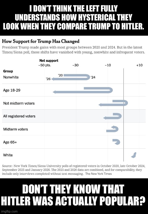 The median American voter is starting to remember why they made the choice they made in 2020. | I DON’T THINK THE LEFT FULLY UNDERSTANDS HOW HYSTERICAL THEY LOOK WHEN THEY COMPARE TRUMP TO HITLER. DON’T THEY KNOW THAT HITLER WAS ACTUALLY POPULAR? | image tagged in donald trump,adolf hitler,nazi,fascism | made w/ Imgflip meme maker