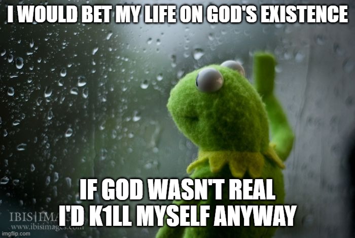 kermit window | I WOULD BET MY LIFE ON GOD'S EXISTENCE; IF GOD WASN'T REAL I'D K1LL MYSELF ANYWAY | image tagged in kermit window | made w/ Imgflip meme maker