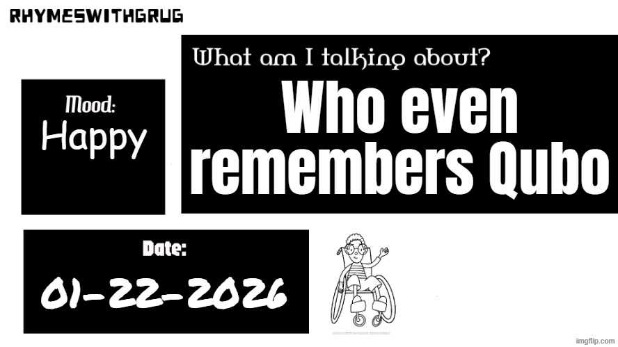 Clever title | Who even remembers Qubo; Happy; 01-22-2026 | image tagged in rhymeswithgrug announcement template new | made w/ Imgflip meme maker
