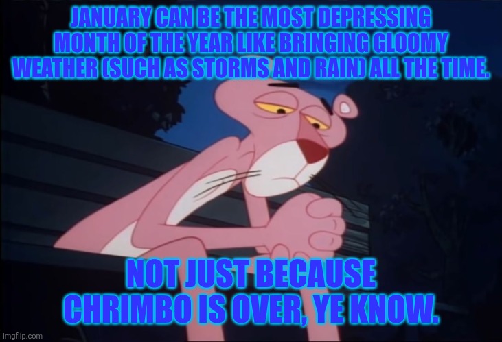January can definitely be the most depressing month of the year, indeed. | JANUARY CAN BE THE MOST DEPRESSING MONTH OF THE YEAR LIKE BRINGING GLOOMY WEATHER (SUCH AS STORMS AND RAIN) ALL THE TIME. NOT JUST BECAUSE CHRIMBO IS OVER, YE KNOW. | image tagged in sad pink panther,january,january sucks,christmas is over,january blues,gloomy weather | made w/ Imgflip meme maker