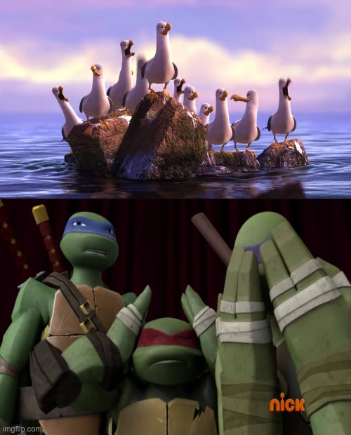 The Seagulls (Finding Nemo) Makes Leo, Donnie and Raph (TMNT 2012) Annoyed | image tagged in tmnt,nickelodeon,disney,pixar,finding nemo,memes | made w/ Imgflip meme maker