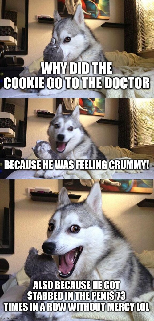 Bad Pun Dog Meme | WHY DID THE COOKIE GO TO THE DOCTOR; BECAUSE HE WAS FEELING CRUMMY! ALSO BECAUSE HE GOT STABBED IN THE PENIS 73 TIMES IN A ROW WITHOUT MERCY LOL | image tagged in memes,bad pun dog | made w/ Imgflip meme maker