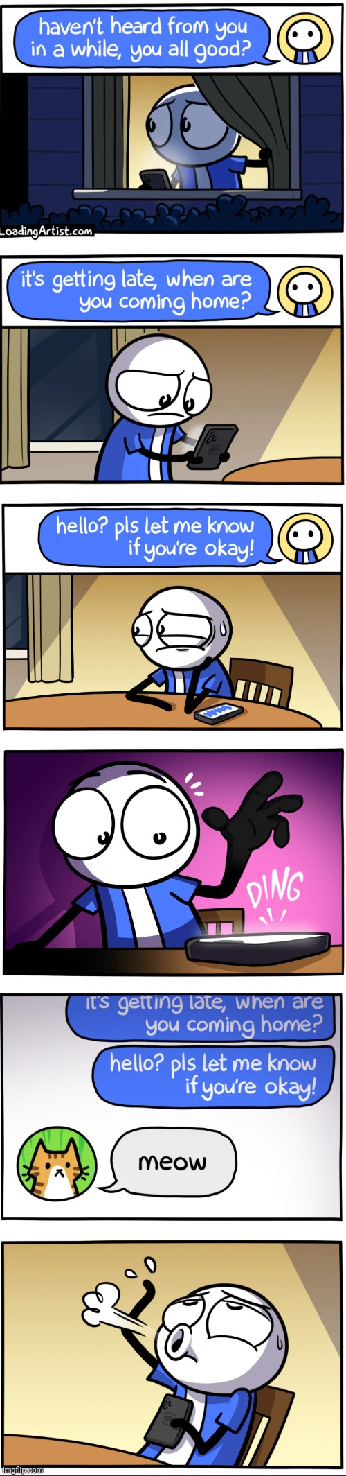 image tagged in comics,loadingartist,cats,texting,worried,night | made w/ Imgflip meme maker
