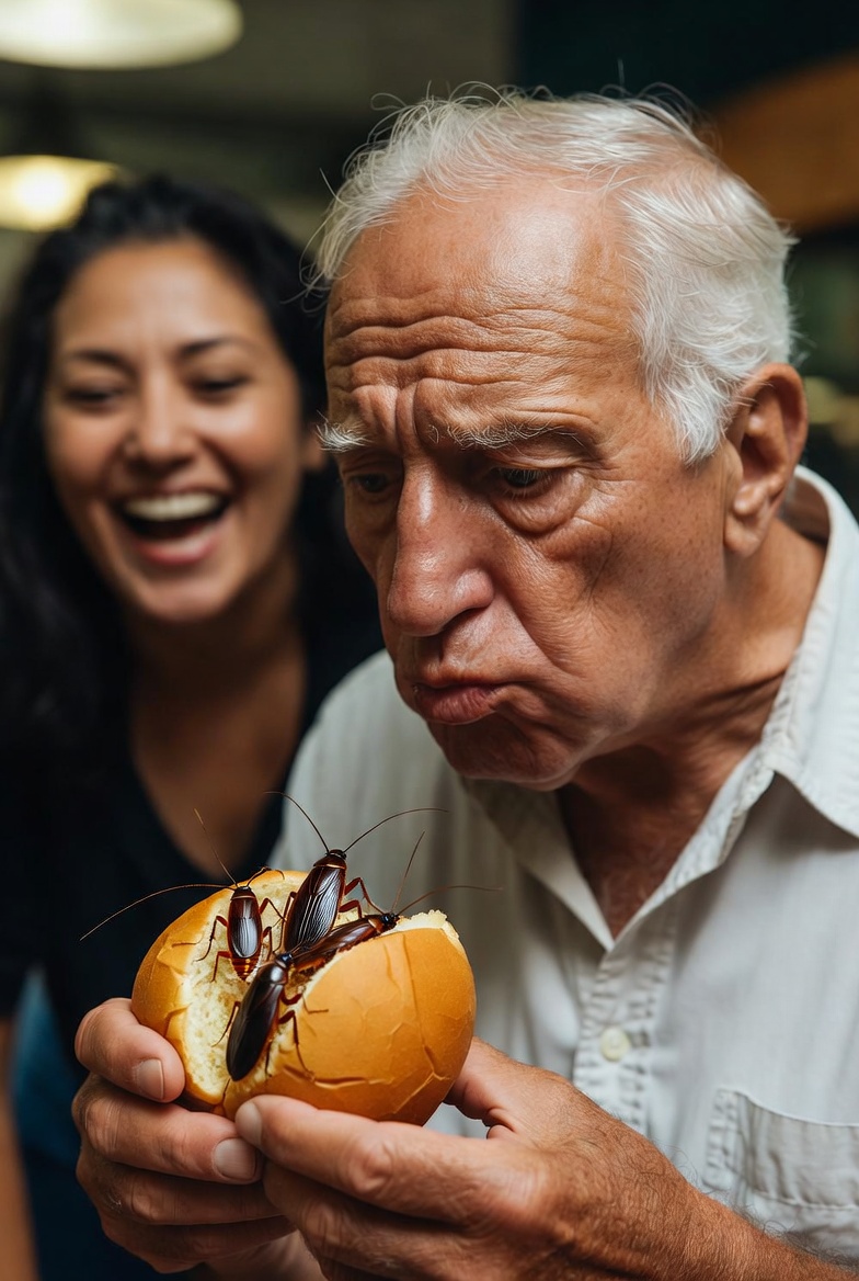 Elderly man hamburger cockroaches laughing woman Blank Meme Template