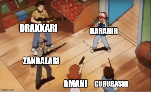The Haranir among Troll Tribes | DRAKKARI; HARANIR; ZANDALARI; AMANI; GURUBASHI | image tagged in ash ketchum gets guns pointed at him,haranir,world of warcraft | made w/ Imgflip meme maker