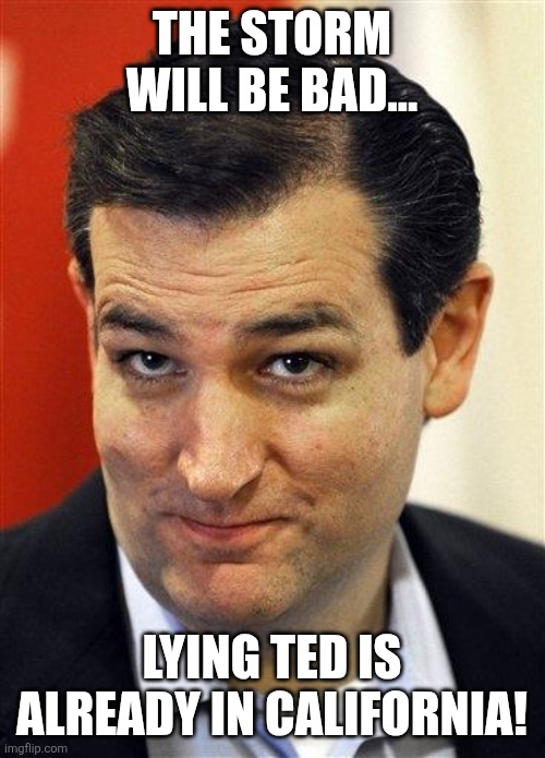 Ted Cruz out | THE STORM WILL BE BAD... LYING TED IS ALREADY IN CALIFORNIA! | image tagged in donald trump,maga,trump,conservative,republican,nevertrump | made w/ Imgflip meme maker