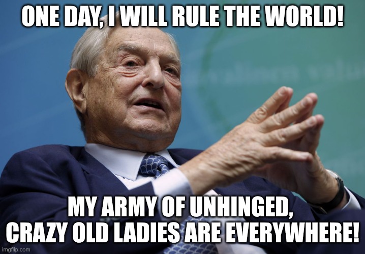 The Real $0R0$ plan | ONE DAY, I WILL RULE THE WORLD! MY ARMY OF UNHINGED,  CRAZY OLD LADIES ARE EVERYWHERE! | image tagged in george soros,chaos,karens,end of the world | made w/ Imgflip meme maker