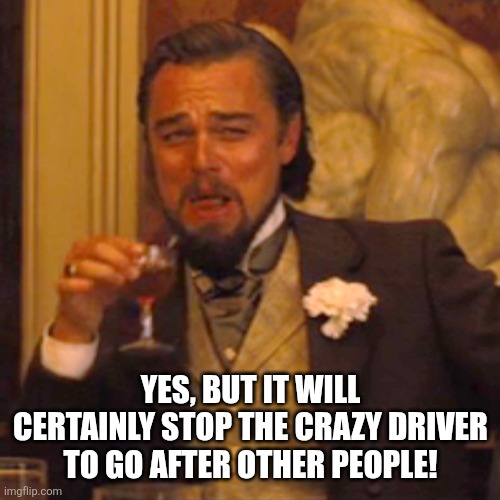 Laughing Leo Meme | YES, BUT IT WILL CERTAINLY STOP THE CRAZY DRIVER TO GO AFTER OTHER PEOPLE! | image tagged in memes,laughing leo | made w/ Imgflip meme maker