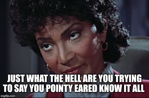Uhura not amused | JUST WHAT THE HELL ARE YOU TRYING TO SAY YOU POINTY EARED KNOW IT ALL | image tagged in uhura not amused | made w/ Imgflip meme maker