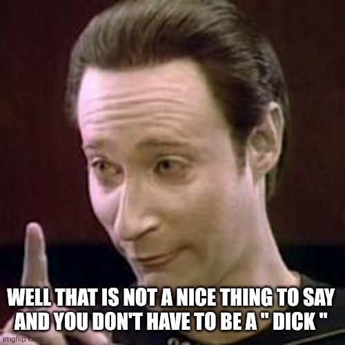 Data I Concur | WELL THAT IS NOT A NICE THING TO SAY 
AND YOU DON'T HAVE TO BE A " DICK " | image tagged in data i concur | made w/ Imgflip meme maker