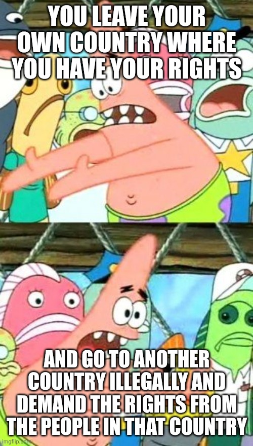 Put It Somewhere Else Patrick Meme | YOU LEAVE YOUR OWN COUNTRY WHERE YOU HAVE YOUR RIGHTS AND GO TO ANOTHER COUNTRY ILLEGALLY AND DEMAND THE RIGHTS FROM THE PEOPLE IN THAT COUN | image tagged in memes,put it somewhere else patrick | made w/ Imgflip meme maker