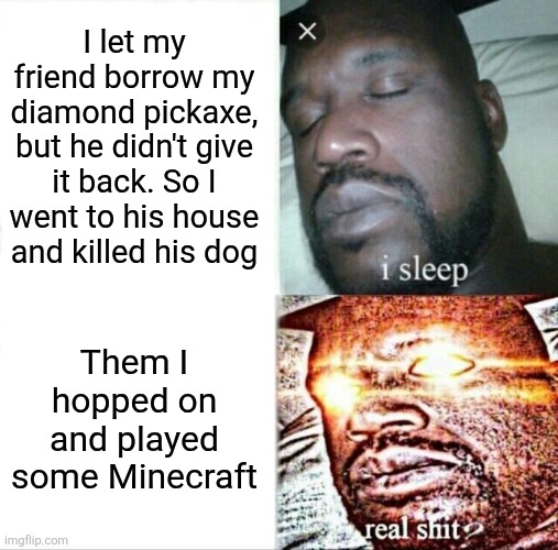 Sleeping Shaq | I let my friend borrow my diamond pickaxe, but he didn't give it back. So I went to his house and killed his dog; Them I hopped on and played some Minecraft | image tagged in memes,sleeping shaq,minecraft,diamonds,pickaxe,unexpected | made w/ Imgflip meme maker