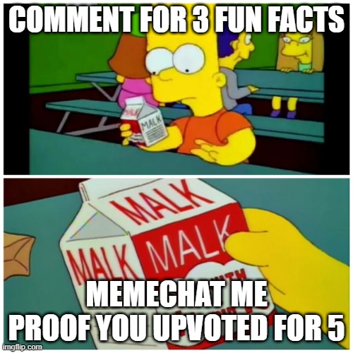bart malk | COMMENT FOR 3 FUN FACTS; MEMECHAT ME PROOF YOU UPVOTED FOR 5 | image tagged in bart malk | made w/ Imgflip meme maker