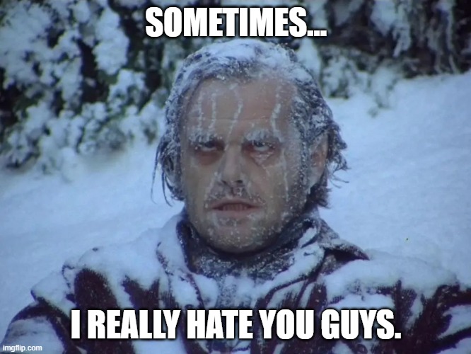 I'm freezing, and no one cares. | SOMETIMES... I REALLY HATE YOU GUYS. | image tagged in freezing cold,cold weather,funny | made w/ Imgflip meme maker