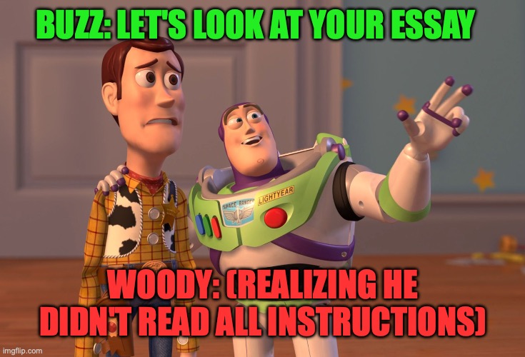 essay | BUZZ: LET'S LOOK AT YOUR ESSAY; WOODY: (REALIZING HE DIDN'T READ ALL INSTRUCTIONS) | image tagged in memes,x x everywhere | made w/ Imgflip meme maker