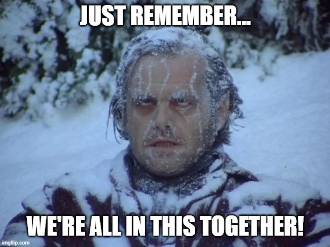 I'm not alone. | JUST REMEMBER... WE'RE ALL IN THIS TOGETHER! | image tagged in cold weather,freezing cold,freeze,funny | made w/ Imgflip meme maker
