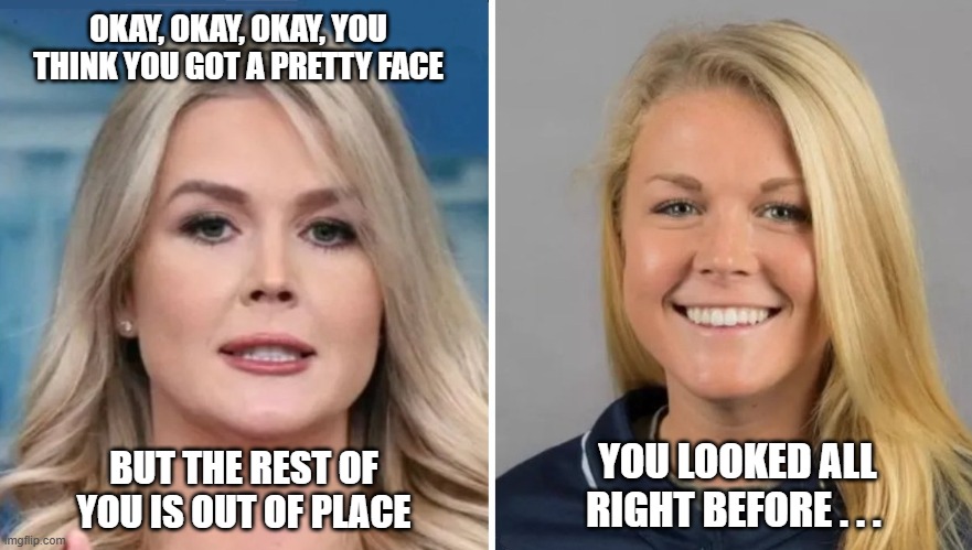 Karoline Levitt MAGA Fox On the Run | OKAY, OKAY, OKAY, YOU THINK YOU GOT A PRETTY FACE; YOU LOOKED ALL RIGHT BEFORE . . . BUT THE REST OF YOU IS OUT OF PLACE | image tagged in karoline leavitt,maga face,fox on the run,sweet,maga sucks,trump sucks | made w/ Imgflip meme maker
