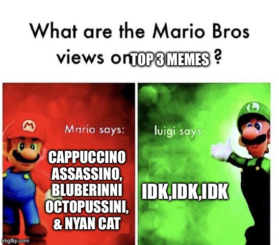 Mario Bros Views | TOP 3 MEMES; CAPPUCCINO ASSASSINO, BLUBERINNI OCTOPUSSINI, & NYAN CAT; IDK,IDK,IDK | image tagged in mario bros views | made w/ Imgflip meme maker