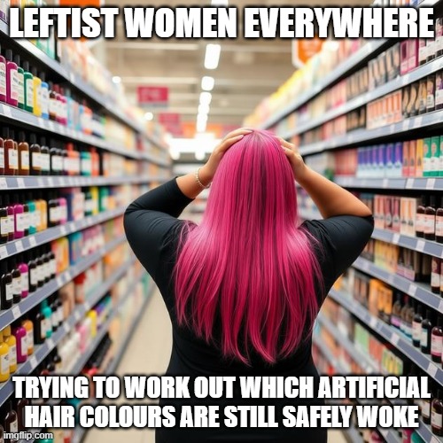 Choose Wisely... | LEFTIST WOMEN EVERYWHERE; TRYING TO WORK OUT WHICH ARTIFICIAL HAIR COLOURS ARE STILL SAFELY WOKE | made w/ Imgflip meme maker