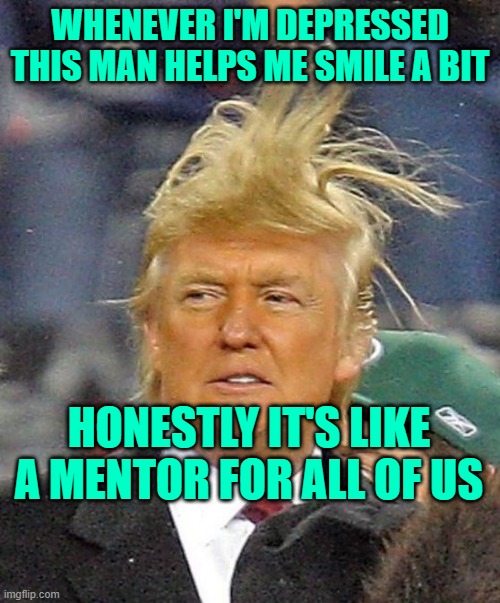 he's the best | WHENEVER I'M DEPRESSED THIS MAN HELPS ME SMILE A BIT; HONESTLY IT'S LIKE A MENTOR FOR ALL OF US | image tagged in donald trumph hair | made w/ Imgflip meme maker