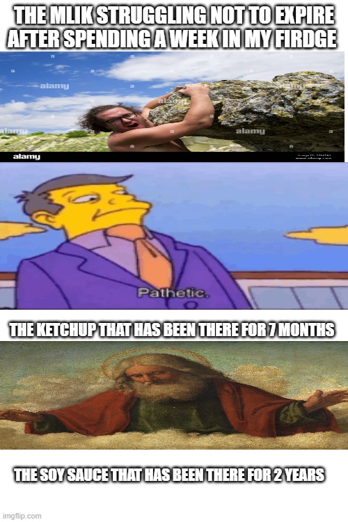 the god duo | THE MLIK STRUGGLING NOT TO EXPIRE AFTER SPENDING A WEEK IN MY FIRDGE; THE KETCHUP THAT HAS BEEN THERE FOR 7 MONTHS; THE SOY SAUCE THAT HAS BEEN THERE FOR 2 YEARS | made w/ Imgflip meme maker