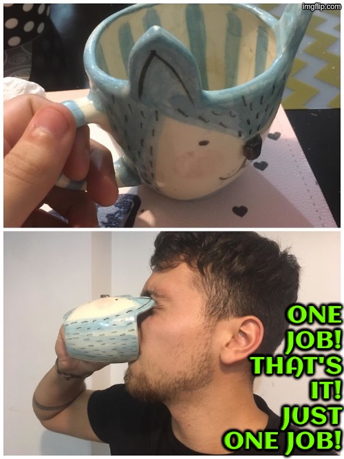 That'd be fine if it was a gravy boat but a mug? | ONE JOB! THAT'S IT! JUST ONE JOB! | image tagged in you had one job,task failed successfully,do you are have stupid,duhhh dumbass,you're fired,dude wtf | made w/ Imgflip meme maker
