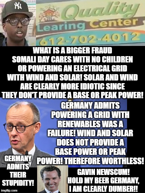 Somali Daycare versus wind and solar, which is most fraudulent? Everyone knows! Wind and Solar! | GAVIN NEWSCUM! HOLD MY BEER GERMANY, I AM CLEARLY DUMBER!! GERMANY ADMITS THEIR STUPIDITY! | image tagged in fraud | made w/ Imgflip meme maker