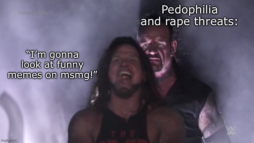 There’s better things to do with your life please | Pedophilia and rape threats:; “I’m gonna look at funny memes on msmg!” | image tagged in aj styles undertaker,msmg | made w/ Imgflip meme maker