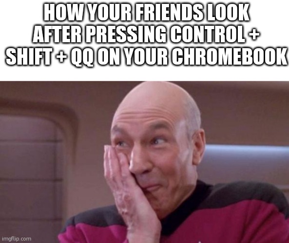 the wars... | HOW YOUR FRIENDS LOOK AFTER PRESSING CONTROL + SHIFT + QQ ON YOUR CHROMEBOOK | image tagged in picard giggle,relatable,funny,relatable memes,funny memes | made w/ Imgflip meme maker