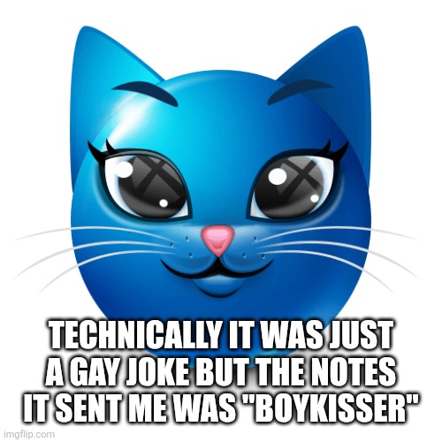 Blue cat emoji | TECHNICALLY IT WAS JUST A GAY JOKE BUT THE NOTES IT SENT ME WAS "BOYKISSER" | image tagged in blue cat emoji | made w/ Imgflip meme maker