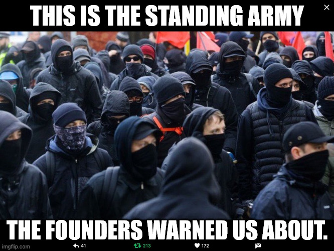 Antifa | THIS IS THE STANDING ARMY THE FOUNDERS WARNED US ABOUT. | image tagged in antifa | made w/ Imgflip meme maker