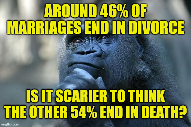 Deep Thoughts | AROUND 46% OF MARRIAGES END IN DIVORCE; IS IT SCARIER TO THINK THE OTHER 54% END IN DEATH? | image tagged in deep thoughts | made w/ Imgflip meme maker